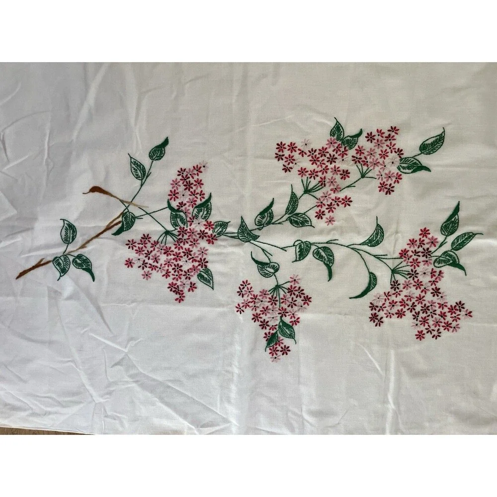 VTG Hand Embroidered Pink Pillowcase Set Floral Cottagecore Farmhouse Cotton